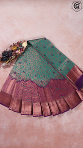 Sea Bluish Green and Purple Bridal Kanchipuram Silk Saree
